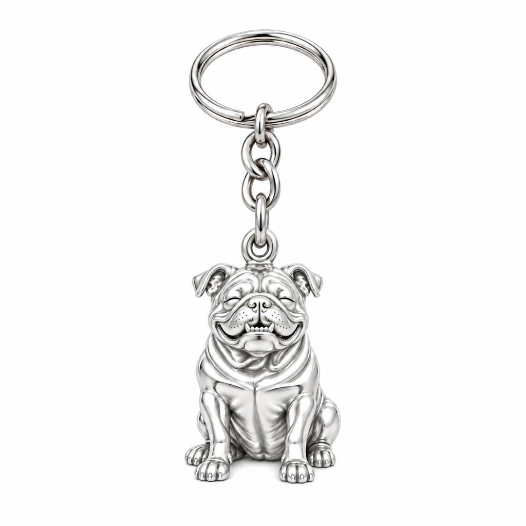 Bulldog Expression Charm Keychain – silver, front view