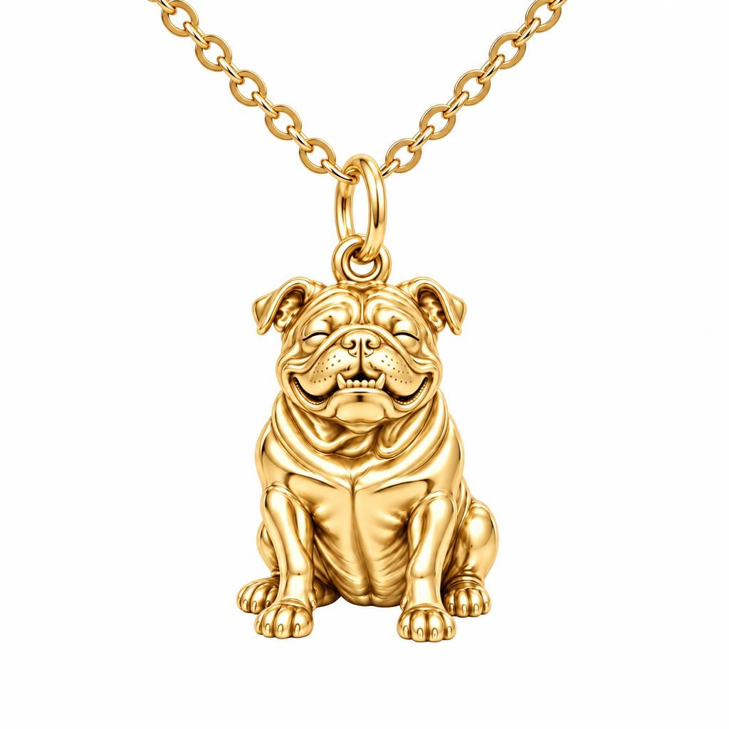 Bulldog Expression Charm Necklace Set – 18K gold, front view