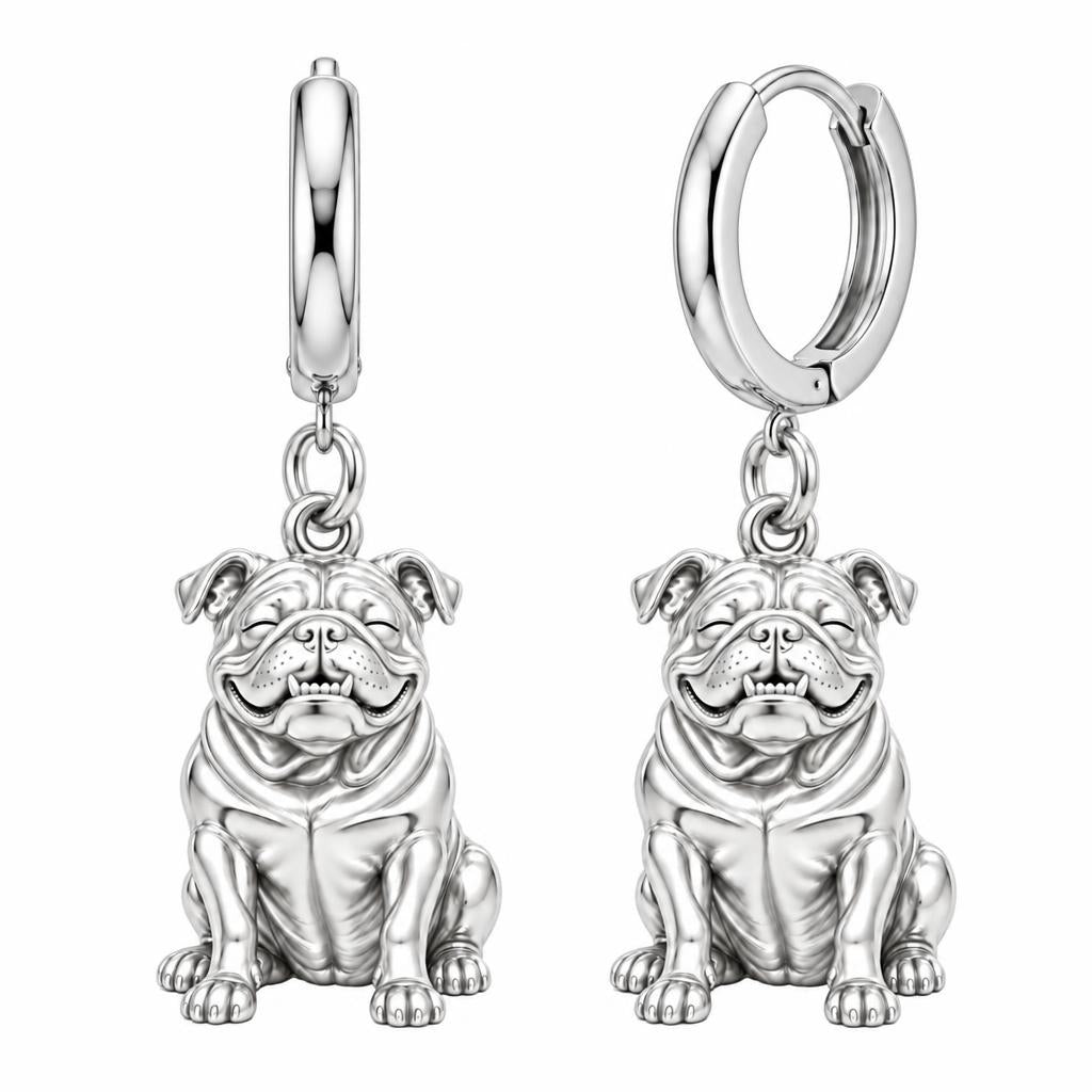 Bulldog Expression Huggie Charm Earrings – silver, front view