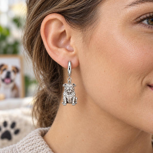 Bulldog Expression Huggie Charm Earrings – worn / in use