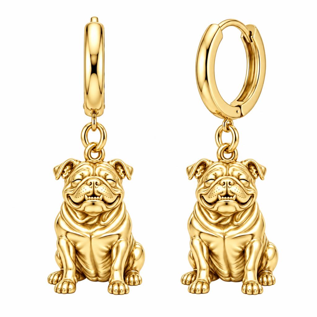 Bulldog Expression Huggie Charm Earrings – 18K gold, front view