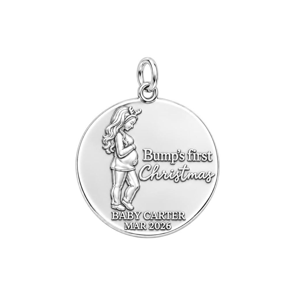 Bump's First Christmas Charm Bracelet – Personalized Mom Gift – silver plated 3 cm charm, front view