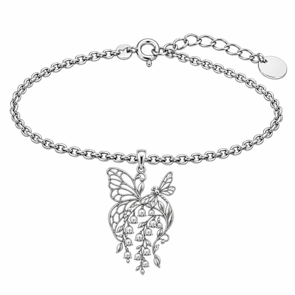 Butterfly and Lily of the Valley Charm Bracelet Set – silver, front view