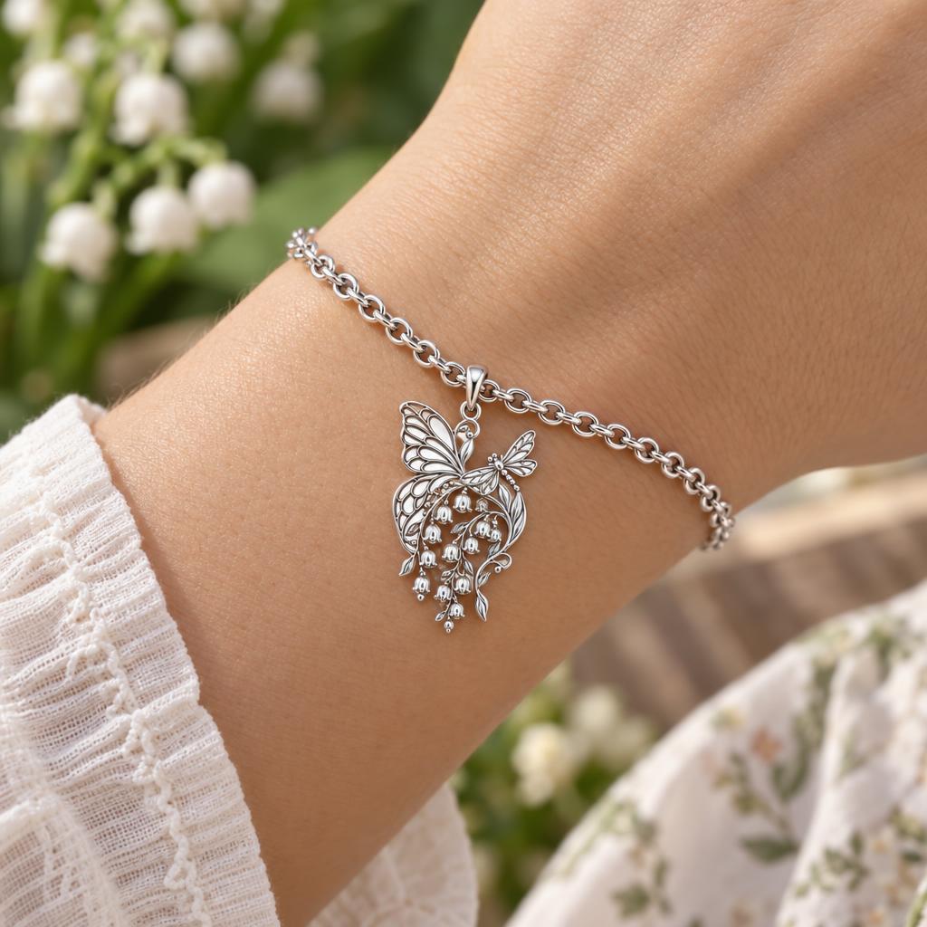 Butterfly and Lily of the Valley Charm Bracelet Set – worn / in use
