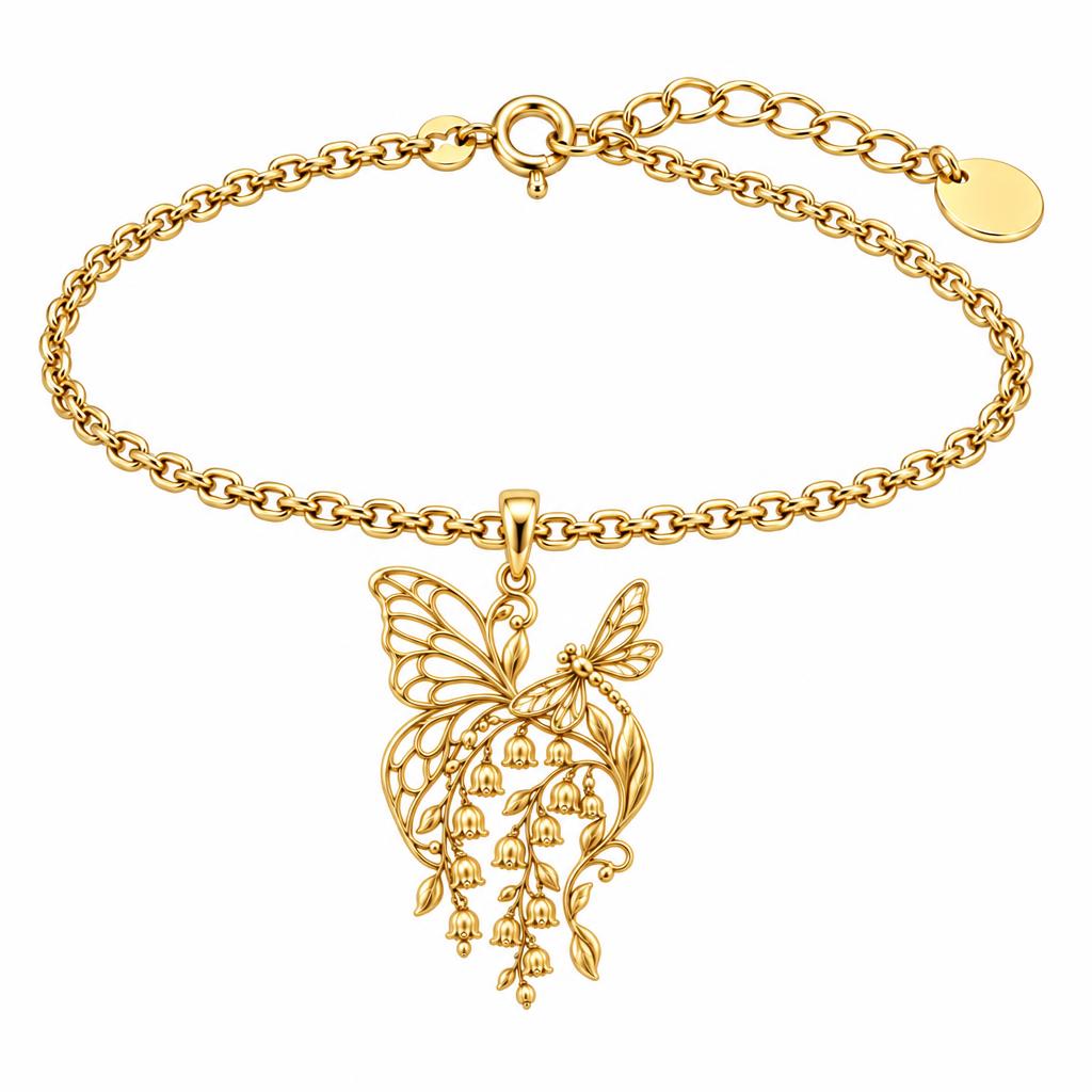 Butterfly and Lily of the Valley Charm Bracelet Set – 18K gold, front view
