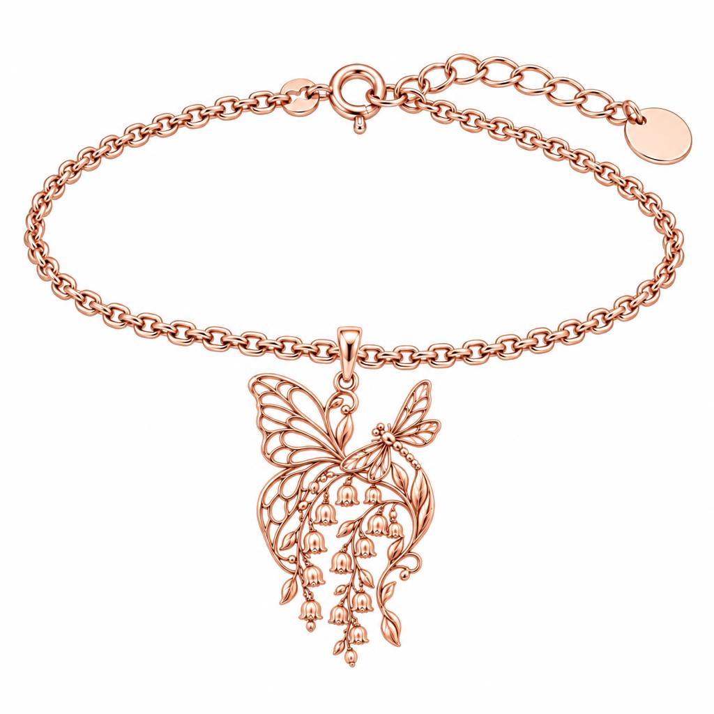 Butterfly and Lily of the Valley Charm Bracelet Set – rose gold, front view