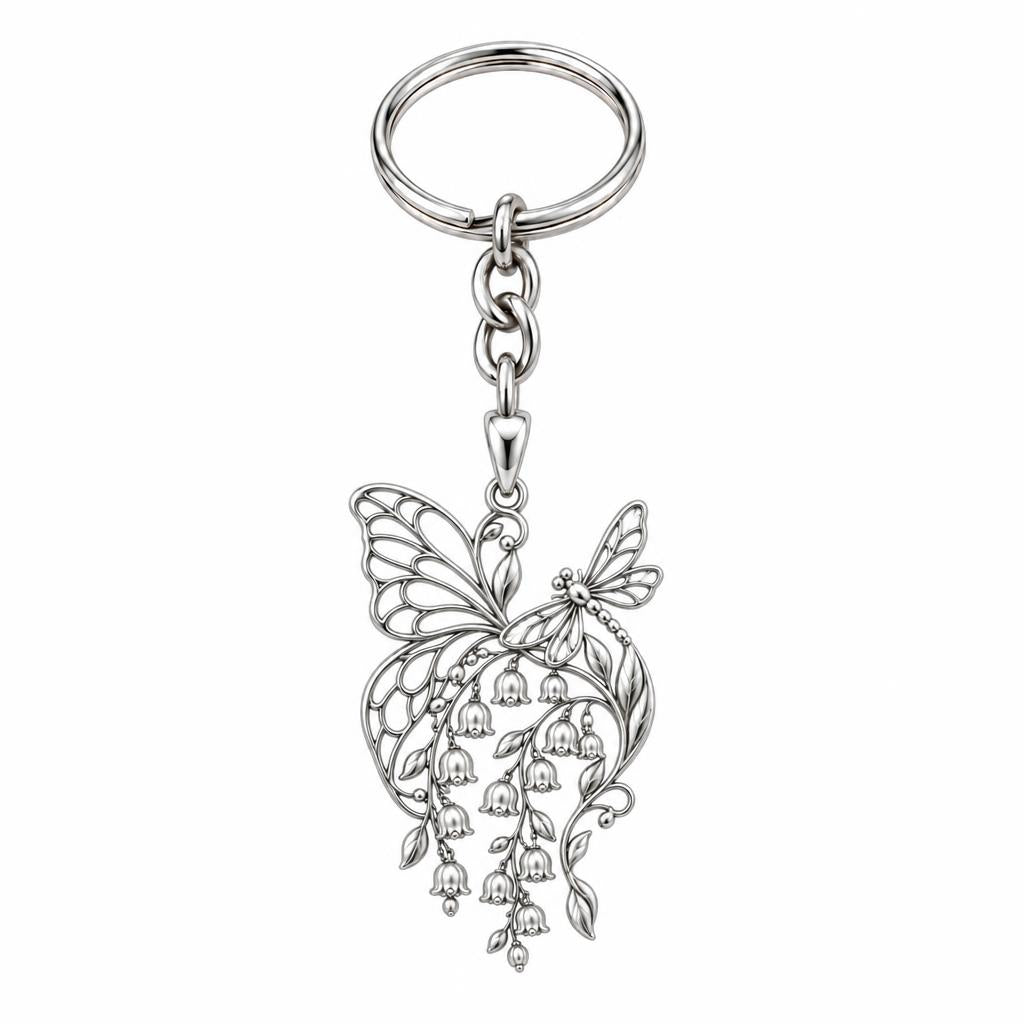 Butterfly and Lily of the Valley Charm Keychain – silver, front view