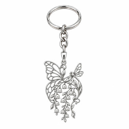 Butterfly and Lily of the Valley Charm Keychain – silver, front view