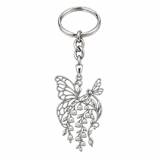 Butterfly and Lily of the Valley Charm Keychain – silver, front view