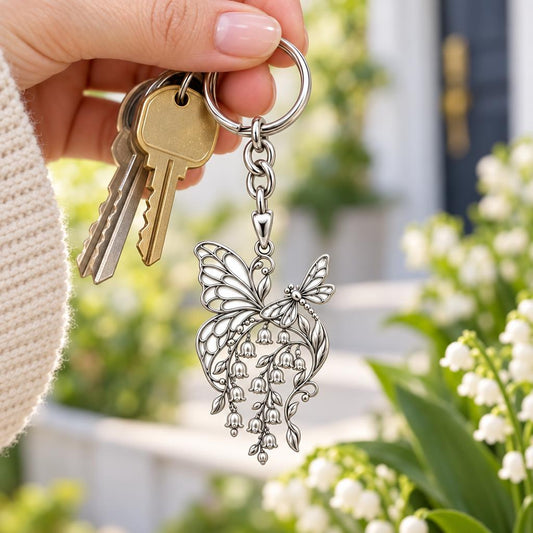 Butterfly and Lily of the Valley Charm Keychain – worn / in use