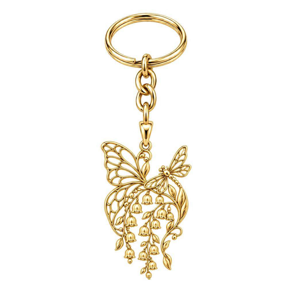 Butterfly and Lily of the Valley Charm Keychain – 18K gold, front view