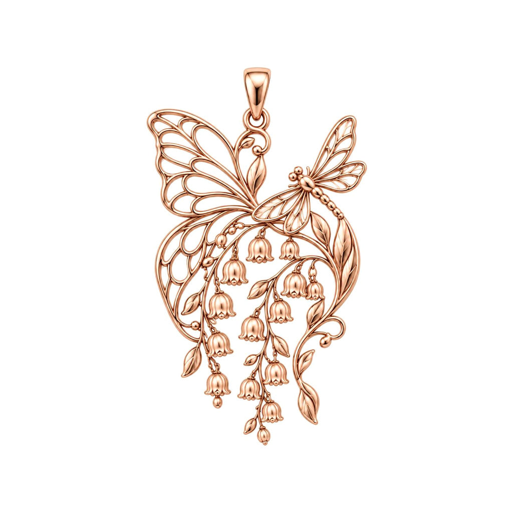 Butterfly and Lily of the Valley Charm – Mom Gift – rose gold charm, front view