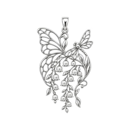 Butterfly and Lily of the Valley Charm – Mom Gift – silver charm, front view