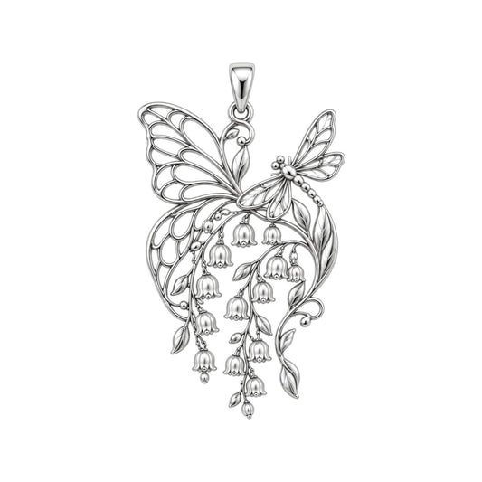 Butterfly and Lily of the Valley Charm – Mom Gift – silver charm, front view