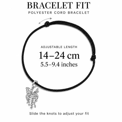 Butterfly and Lily of the Valley Charm – Mom Gift – adjustable black cord bracelet, 14–24 cm