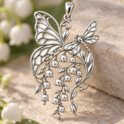 Butterfly and Lily of the Valley Charm – Mom Gift – macro detail of the charm