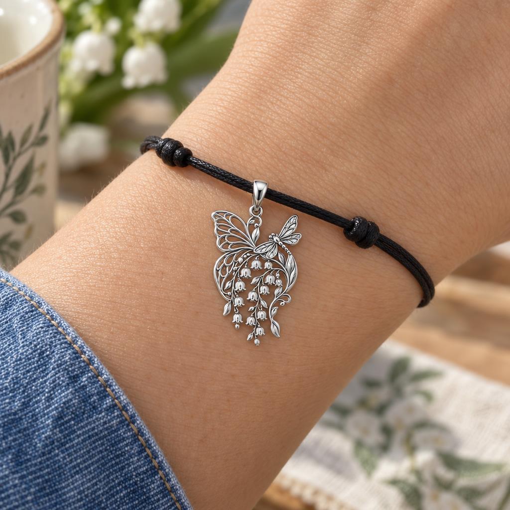 Butterfly and Lily of the Valley Charm – Mom Gift – worn on the wrist on a black cord bracelet