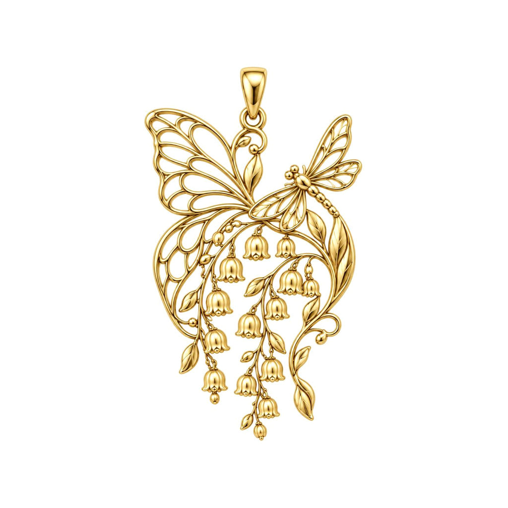 Butterfly and Lily of the Valley Charm – Mom Gift – 18K gold charm, front view