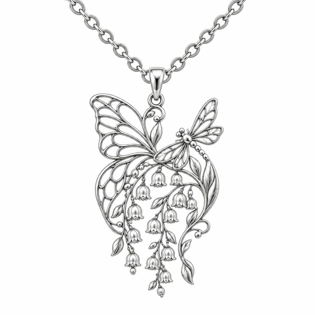 Butterfly and Lily of the Valley Charm Necklace Set – silver, front view