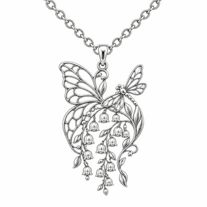 Butterfly and Lily of the Valley Charm Necklace Set – silver, front view