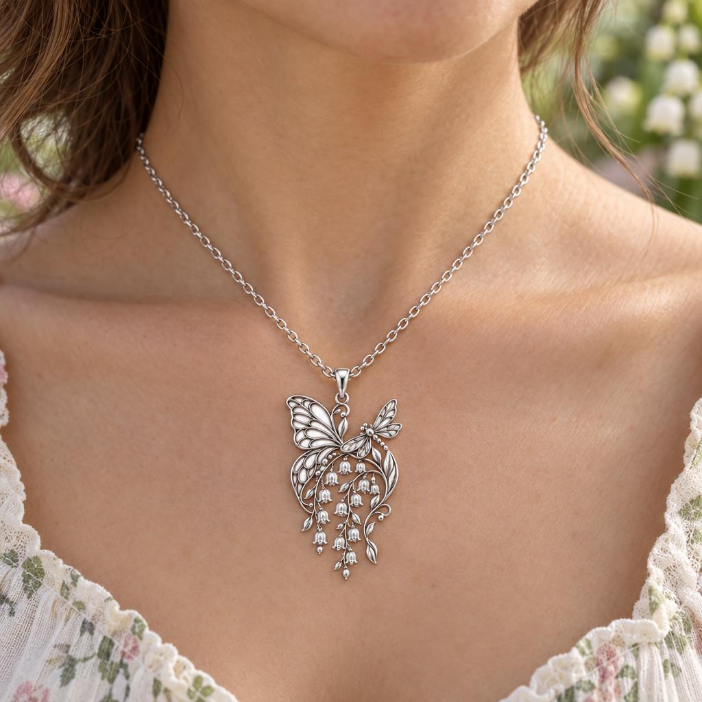 Butterfly and Lily of the Valley Charm Necklace Set – worn / in use