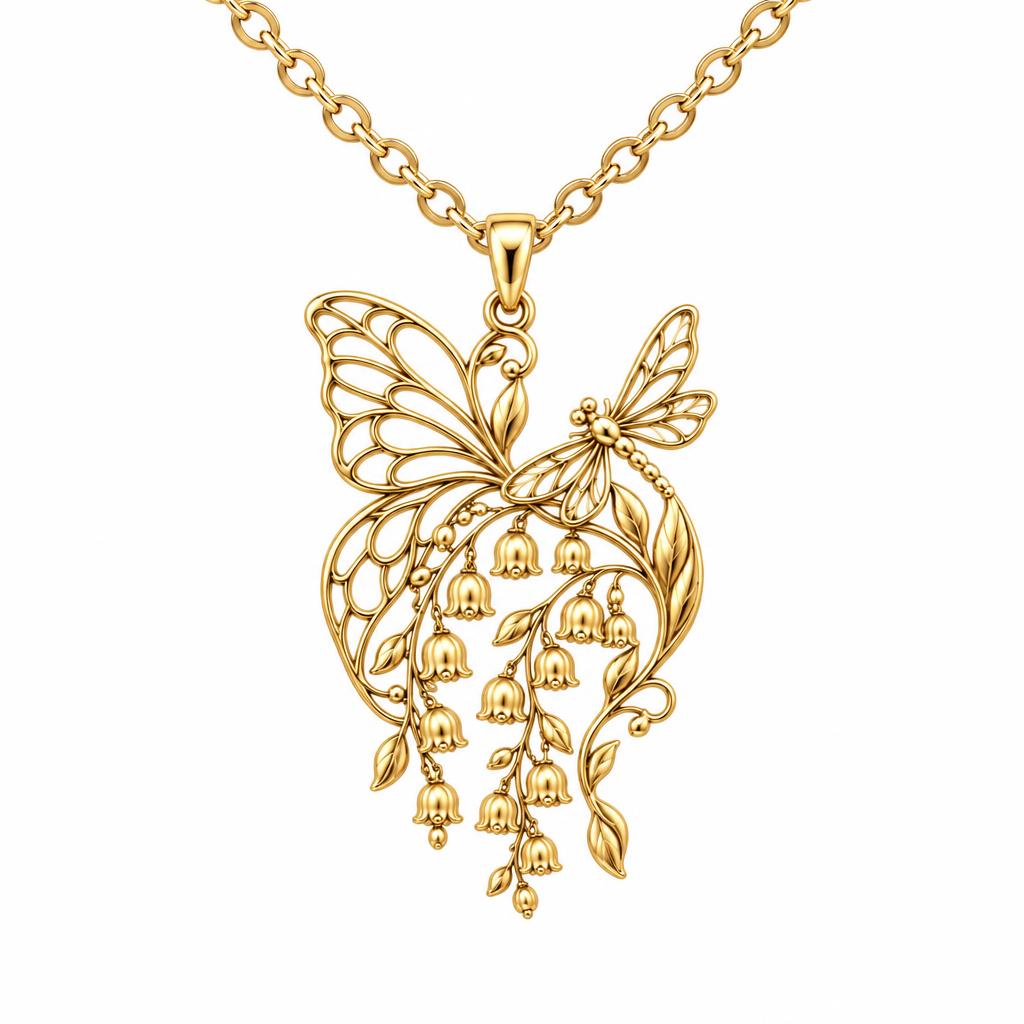 Butterfly and Lily of the Valley Charm Necklace Set – 18K gold, front view