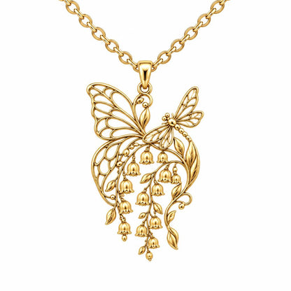 Butterfly and Lily of the Valley Charm Necklace Set – 18K gold, front view
