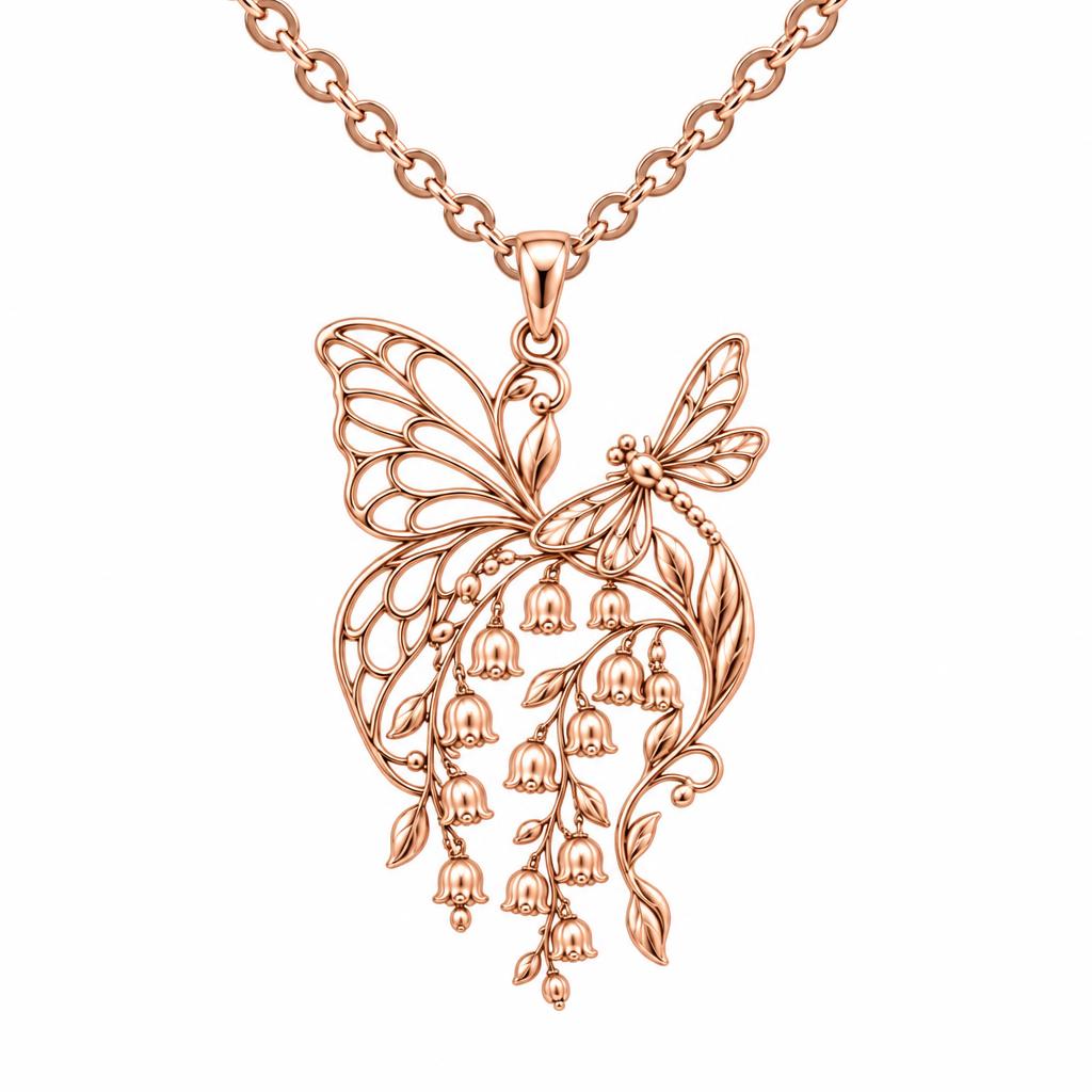 Butterfly and Lily of the Valley Charm Necklace Set – rose gold, front view