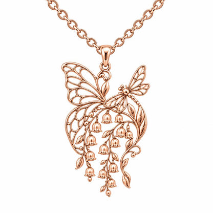 Butterfly and Lily of the Valley Charm Necklace Set – rose gold, front view