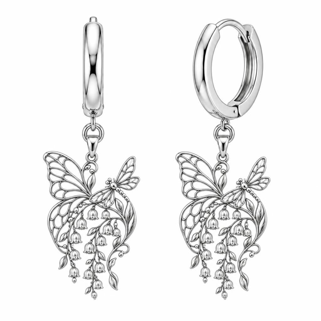 Butterfly and Lily of the Valley Huggie Charm Earrings – silver, front view