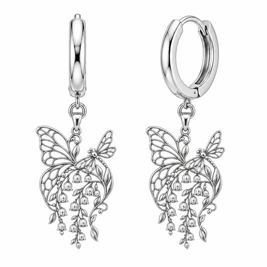Butterfly and Lily of the Valley Huggie Charm Earrings – silver, front view