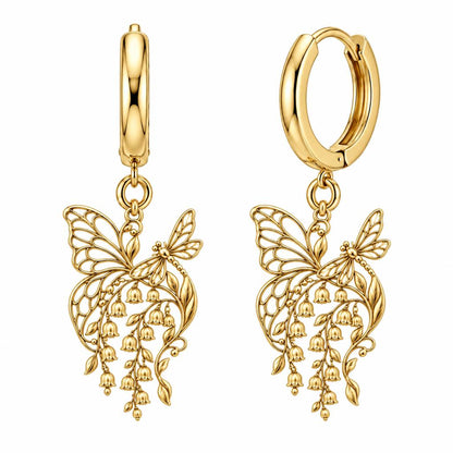 Butterfly and Lily of the Valley Huggie Charm Earrings – 18K gold, front view