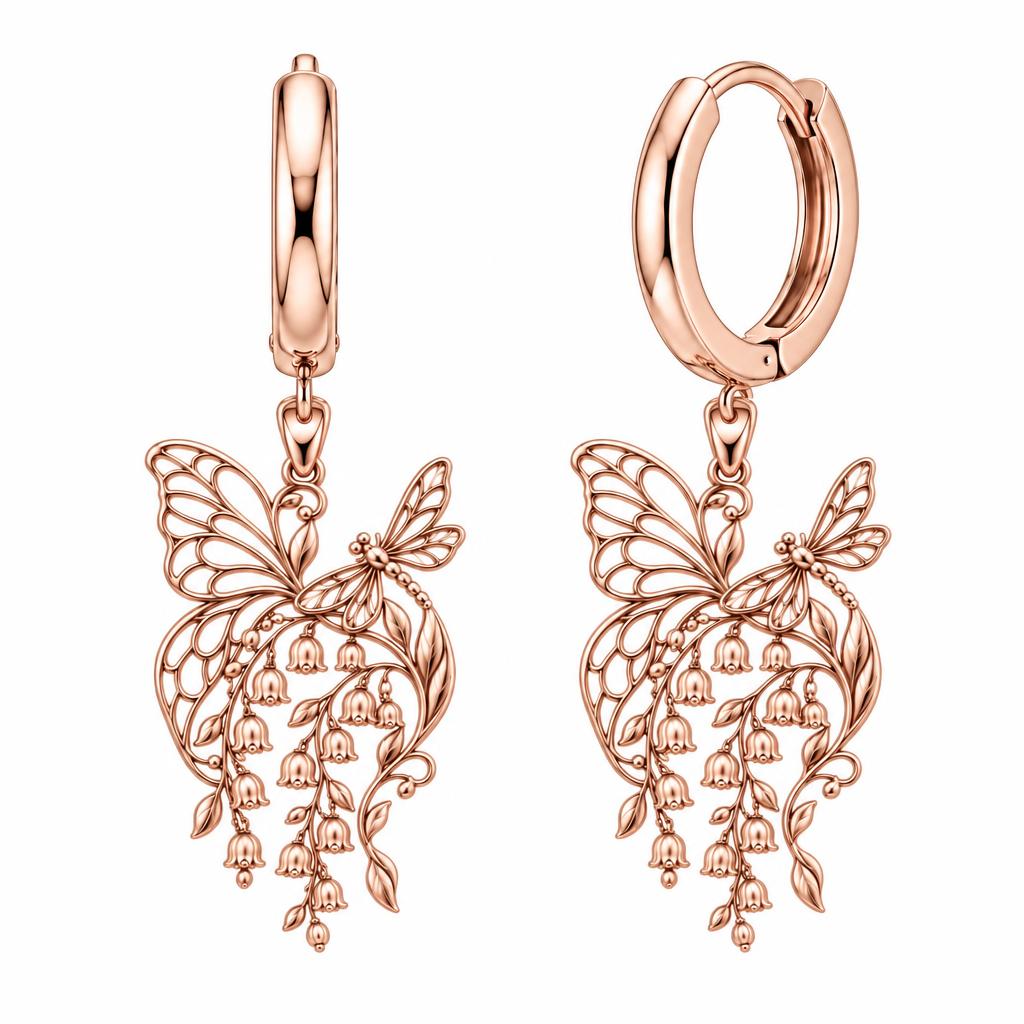 Butterfly and Lily of the Valley Huggie Charm Earrings – rose gold, front view