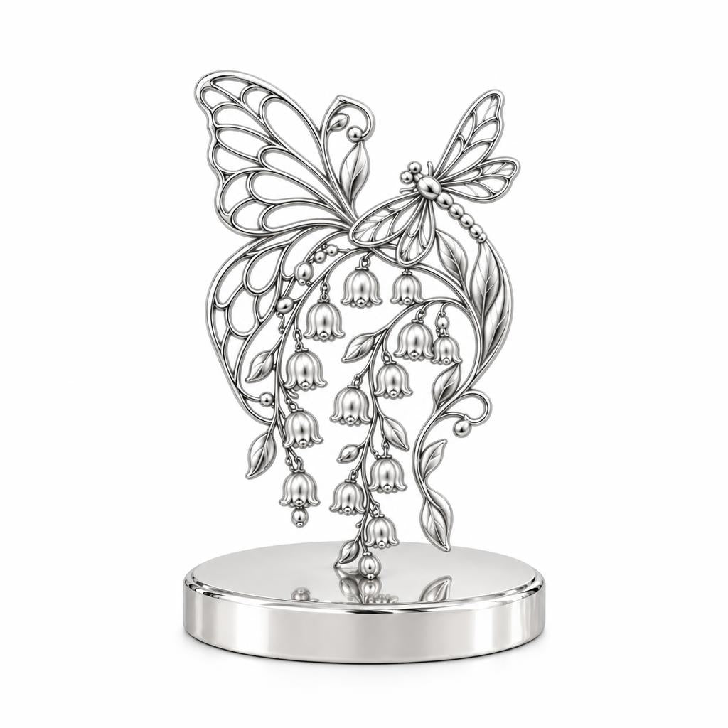 Butterfly and Lily of the Valley Keepsake Plaque – silver, front view