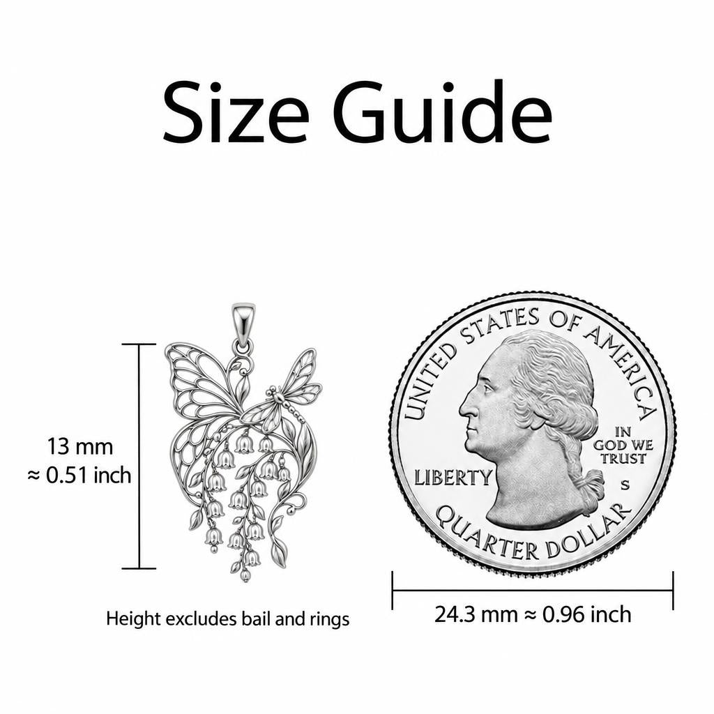 Butterfly and Lily of the Valley Keepsake Plaque – size guide, 13 mm charm next to a quarter