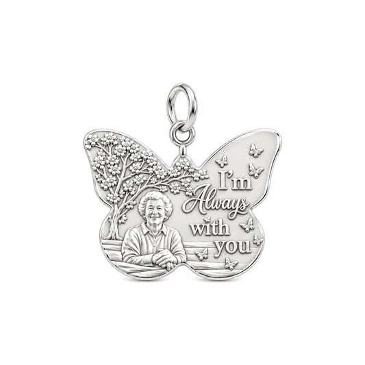 Butterfly Memorial Portrait Charm Bracelet – Personalized Mom Gift – silver plated 2 cm charm, front view