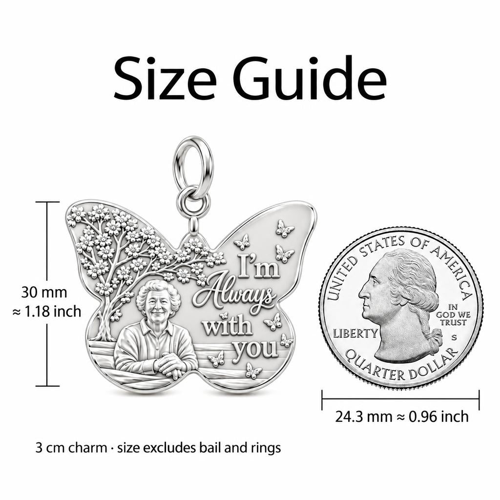 Butterfly Memorial Portrait Charm Bracelet – Personalized Mom Gift – size guide, 3 cm charm next to a quarter