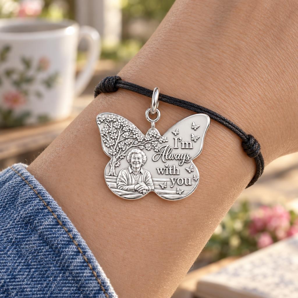 Butterfly Memorial Portrait Charm Bracelet – Personalized Mom Gift – worn on the wrist on a black cord bracelet