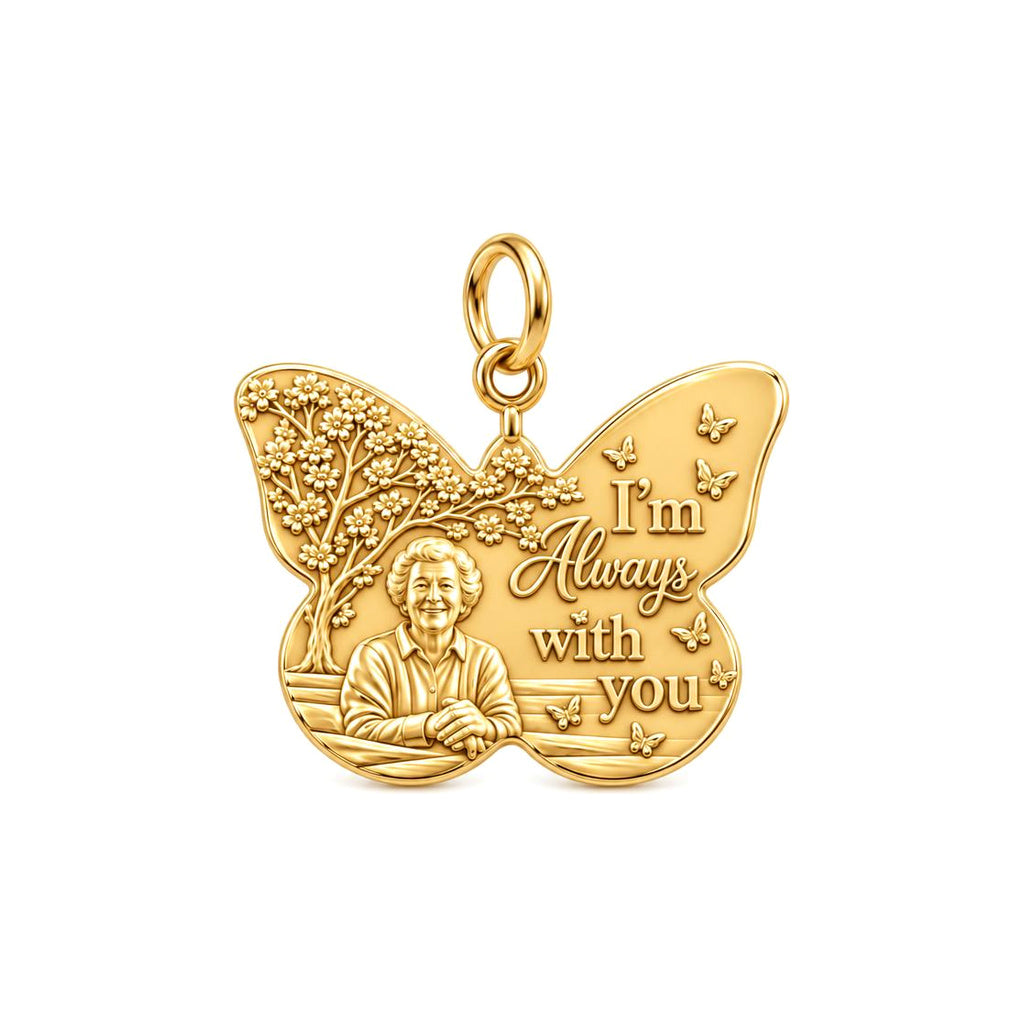 Butterfly Memorial Portrait Charm Bracelet – Personalized Mom Gift – 18K gold plated 3 cm charm, front view