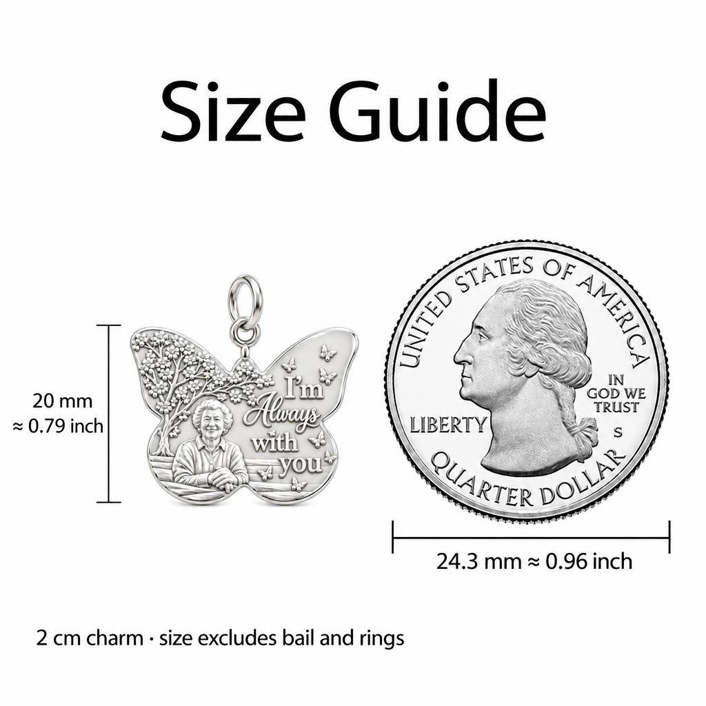 Butterfly Memorial Portrait Charm Necklace Set – size guide, 13 mm charm next to a quarter