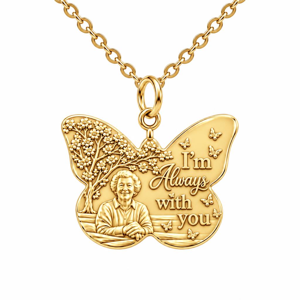 Butterfly Memorial Portrait Charm Necklace Set – 18K gold, front view