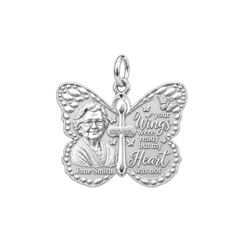 Butterfly Wings Memorial Charm Bracelet – Personalized Bereavement – silver plated 3 cm charm, front view