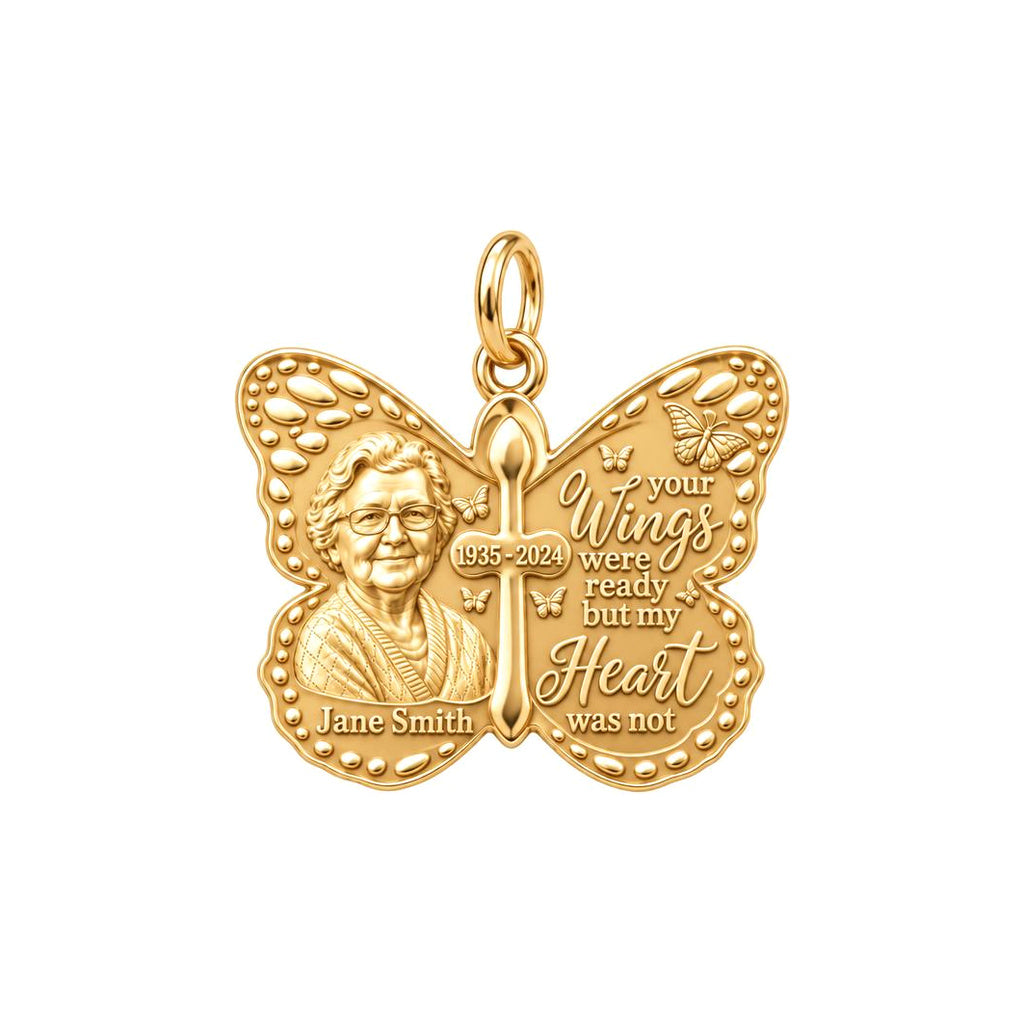Butterfly Wings Memorial Charm Bracelet – Personalized Bereavement – 18K gold plated 3 cm charm, front view