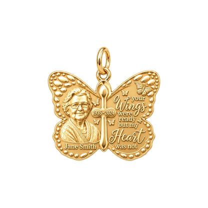 Butterfly Wings Memorial Charm Bracelet – Personalized Bereavement – 18K gold plated 3 cm charm, front view