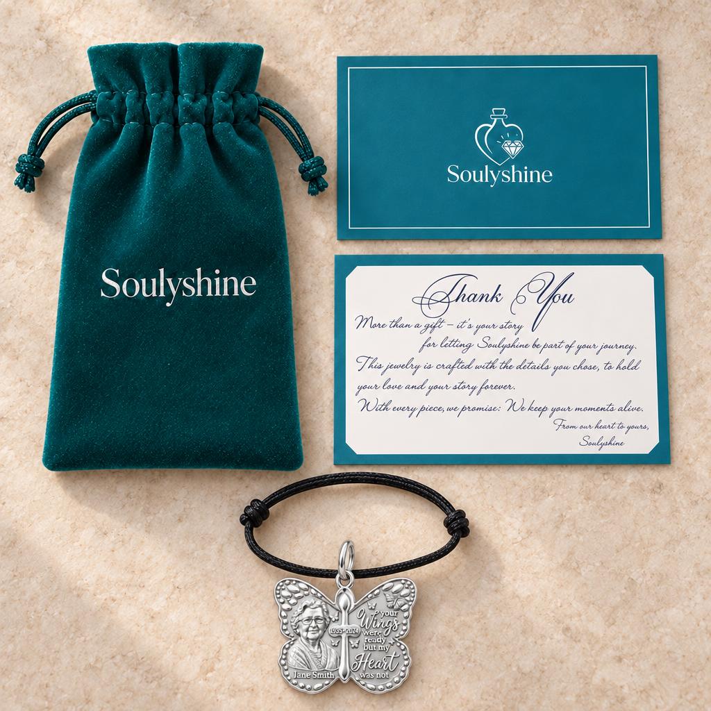 Butterfly Wings Memorial Charm Bracelet – Personalized Bereavement – Soulyshine velvet pouch and gift card