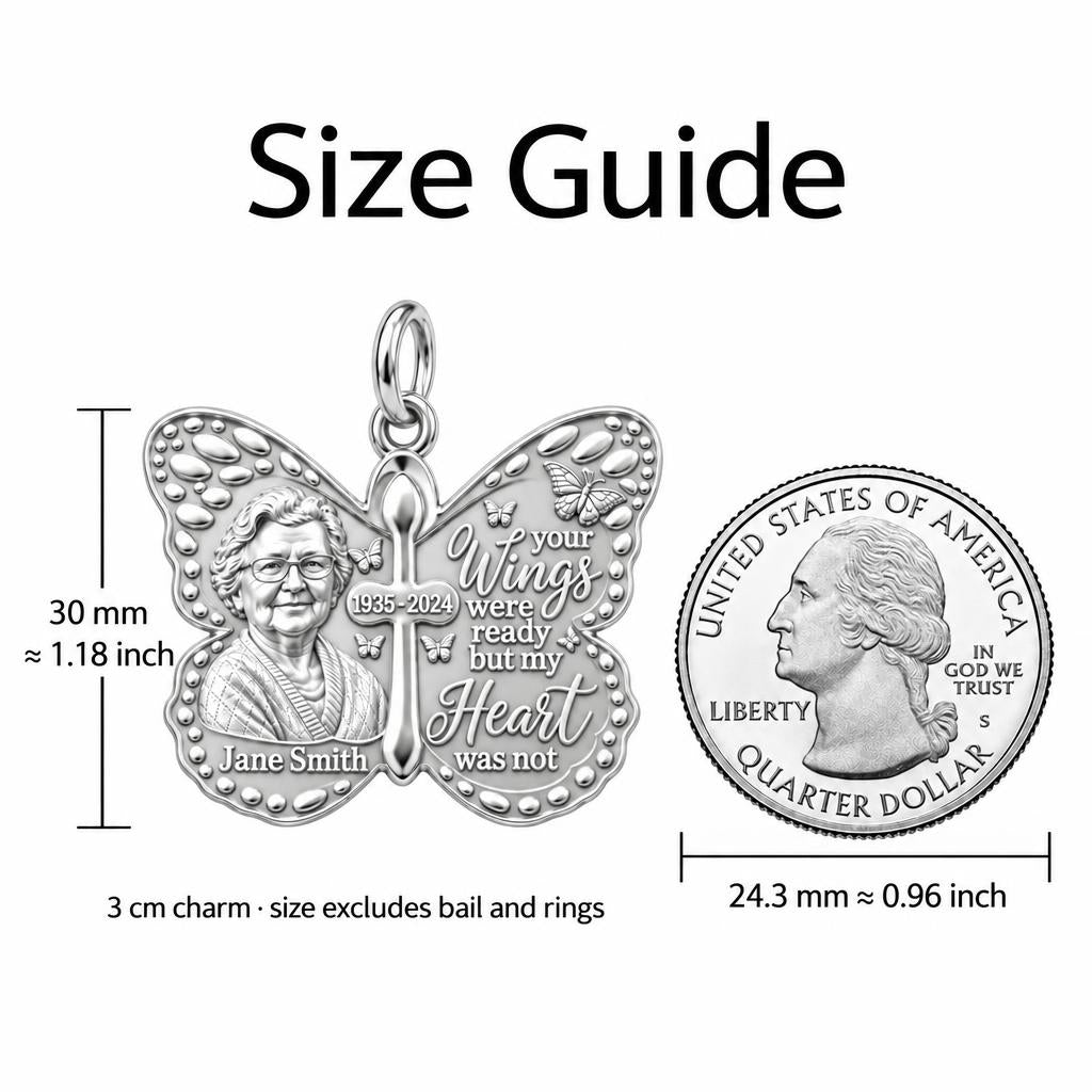 Butterfly Wings Memorial Charm Bracelet – Personalized Bereavement – size guide, 3 cm charm next to a quarter