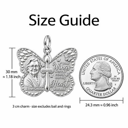 Butterfly Wings Memorial Charm Bracelet – Personalized Bereavement – size guide, 3 cm charm next to a quarter