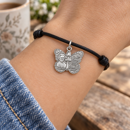 Butterfly Wings Memorial Charm Bracelet – Personalized Bereavement – worn on the wrist on a black cord bracelet