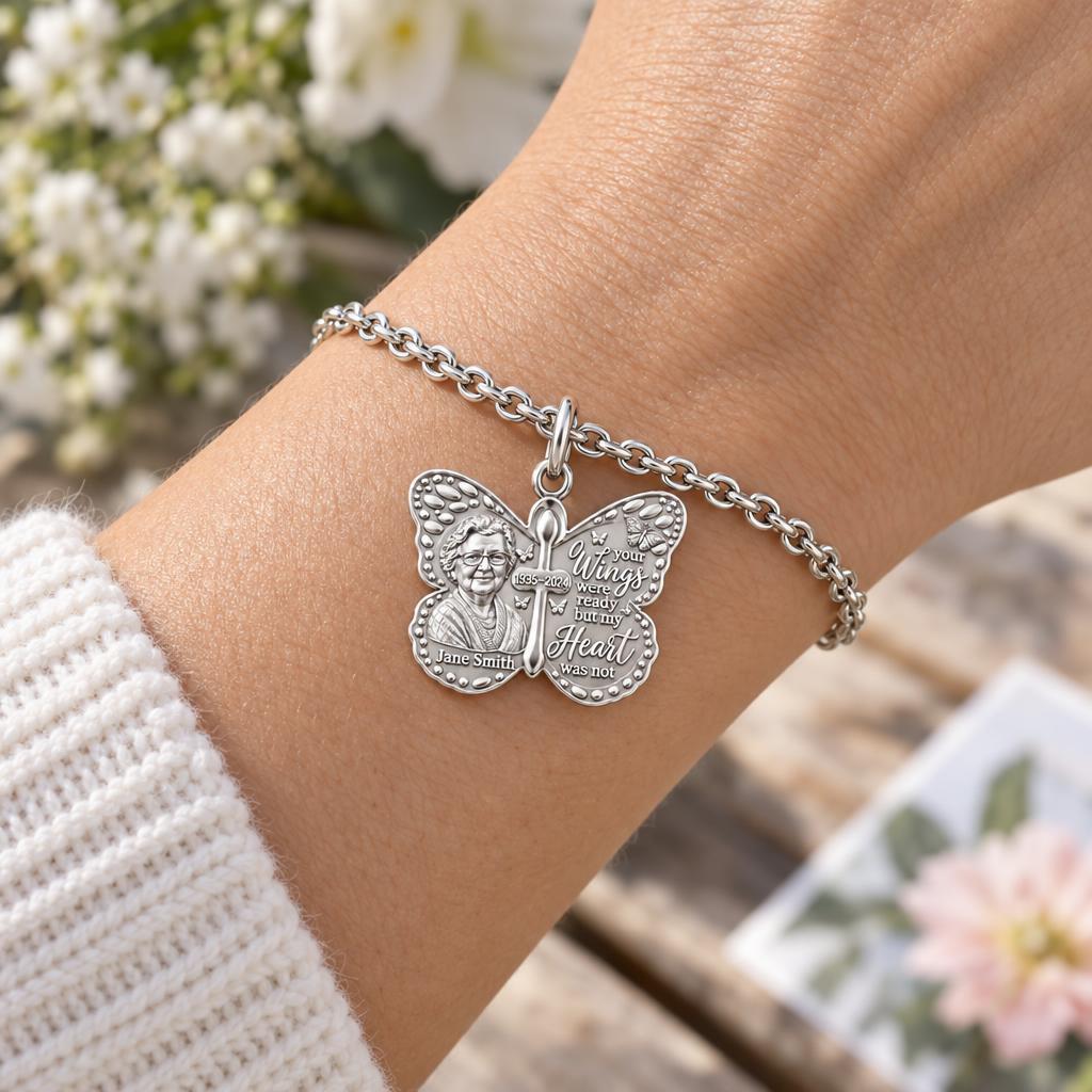 Butterfly Wings Memorial Charm Bracelet Set – worn / in use