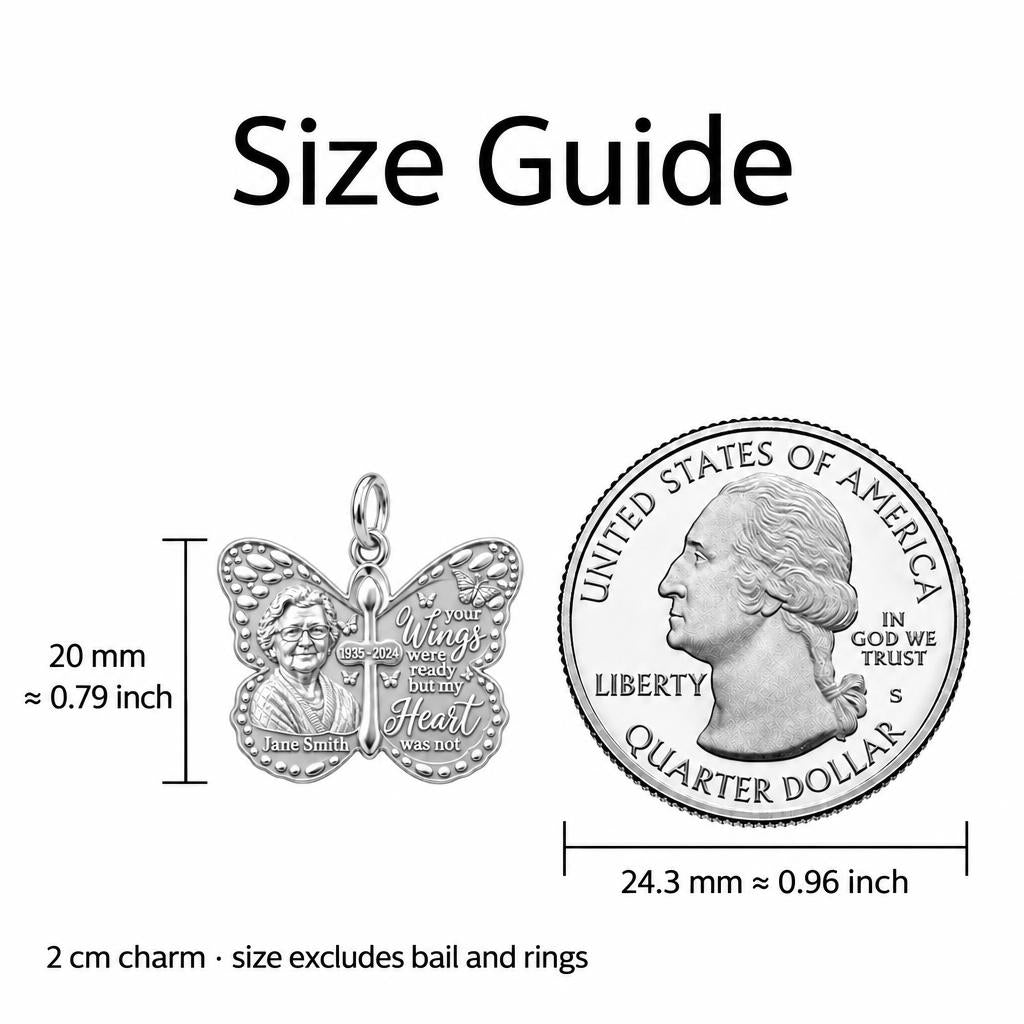 Butterfly Wings Memorial Charm Bracelet Set – size guide, 13 mm charm next to a quarter